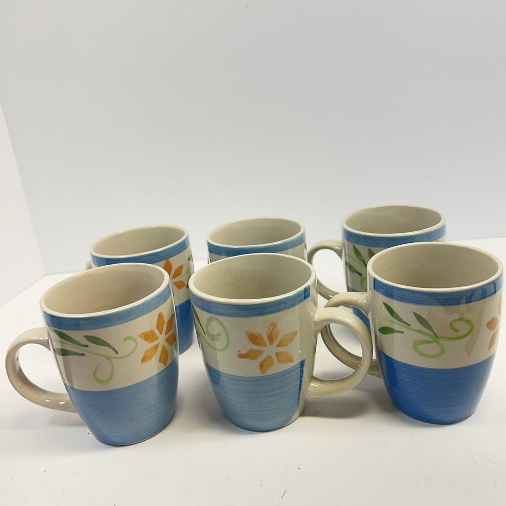 Lot of 6 Gibson Designs Natalia Blue Coffee Mugs Stoneware Floral Orange Yellow